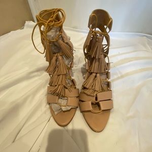 Loeffler Randall fringe Gladiator wrap block heels. GUC, Very Comfortable!